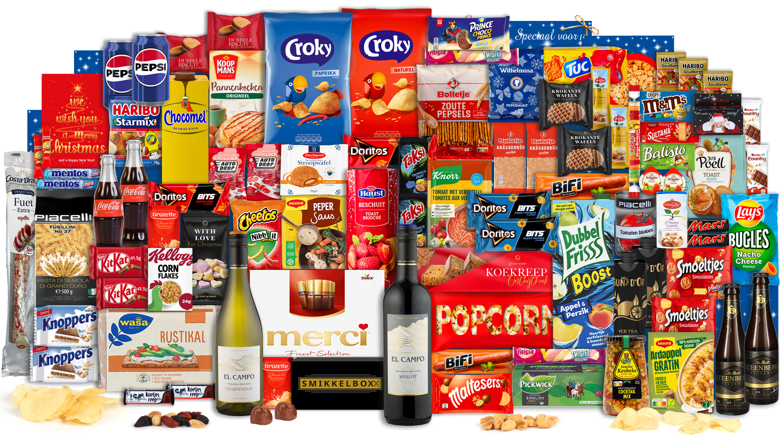 14-Extra groot kerstpakket met meer dan 100 producten van topmerken zoals Lay’s, Coca-Cola, Chocomel, Croky, Haribo, Merci, Kellogg’s en Mars. Dit royale kerstgeschenk bevat een mix van snacks, chocolade, koekjes, frisdrank, wijn en luxe foodproducten. Ideaal voor bedrijven die medewerkers willen verrassen met een rijk gevuld kerstpakket vol bekende merken-100
