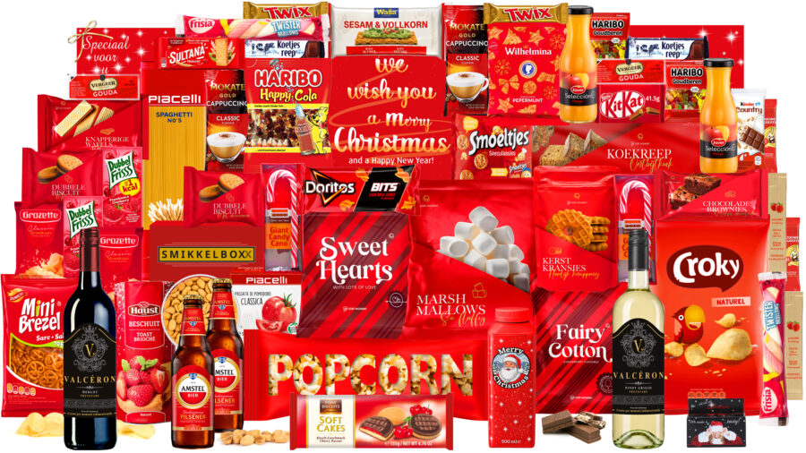 Een luxe Kerstpakket met Merlot rode en Pinot Grigio witte wijn en bier. Mega kerstpakket met veel lekkernijen. In een grote feestelijke kerstdoos.