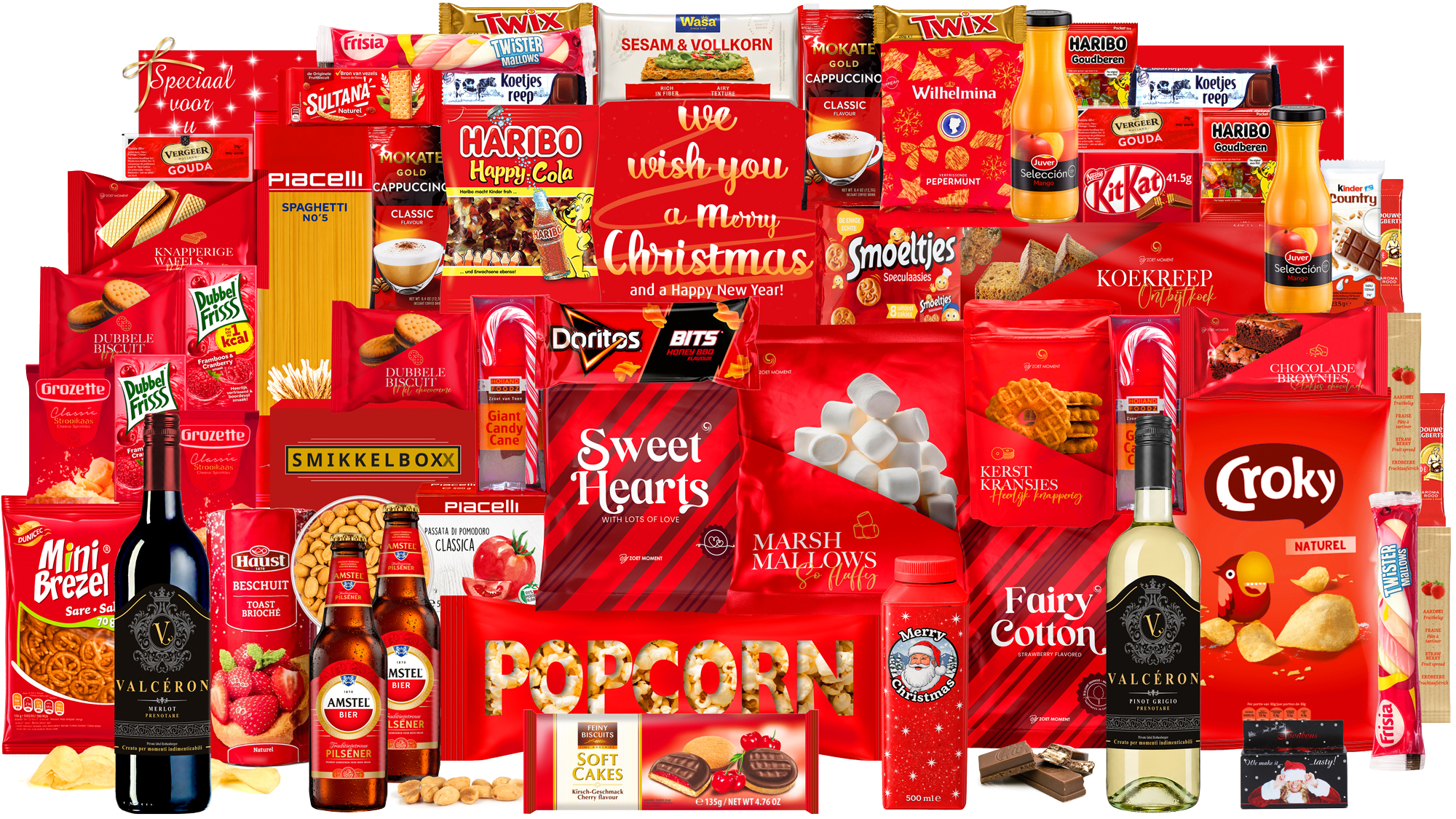 Een luxe Kerstpakket met Merlot rode en Pinot Grigio witte wijn en bier. Mega kerstpakket met veel lekkernijen. In een grote feestelijke kerstdoos.