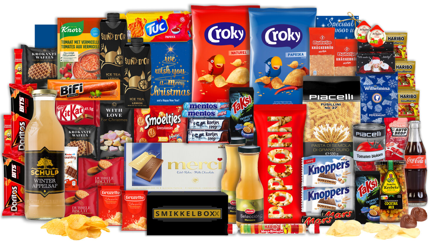 7-Luxueus kerstpakket vol A-merken met chips, chocolade, koekjes, wijn en bier – inclusief Croky, Doritos, Merci, Haribo, Mars en Coca-Cola. Een compleet eindejaarsgeschenk boordevol hartige snacks, zoete lekkernijen en drankjes. Perfect als origineel kerstcadeau voor medewerkers en relaties-40