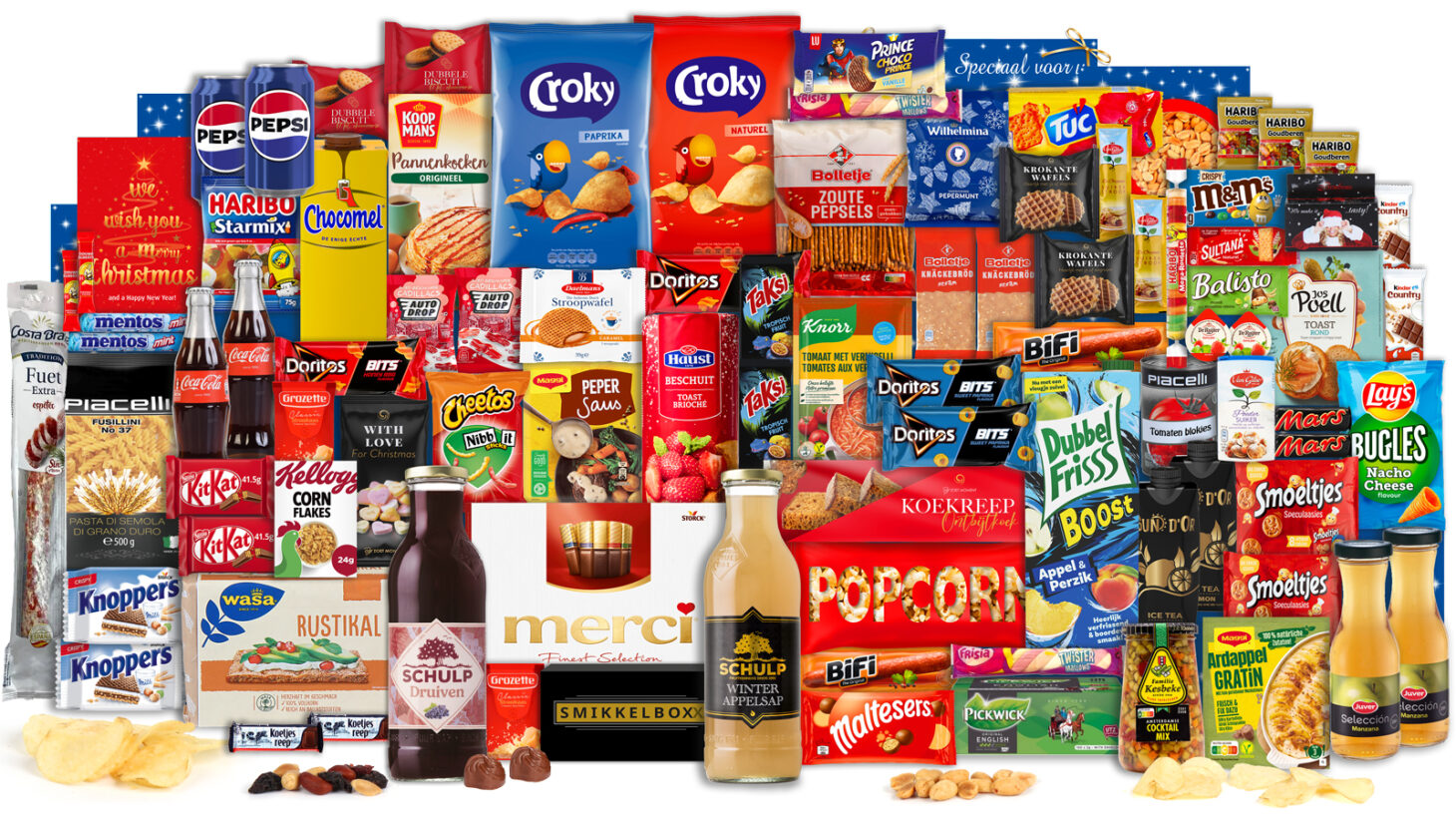 Groot kerstpakket zonder alcohol met bekende A-merken zoals Coca-Cola, Pepsi, Merci, Haribo en Croky chips.