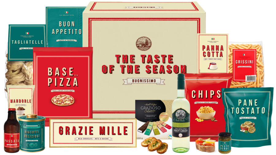 Kerstpakket Bella Italia met pasta tagliatelle, pesto, olijfolie en Witte wijn Pinot Grigio
