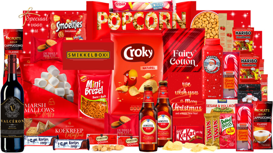 Kerstpakket met rode wijn en bier, marshmallows, in een luxe feestelijke kerstdoos.
