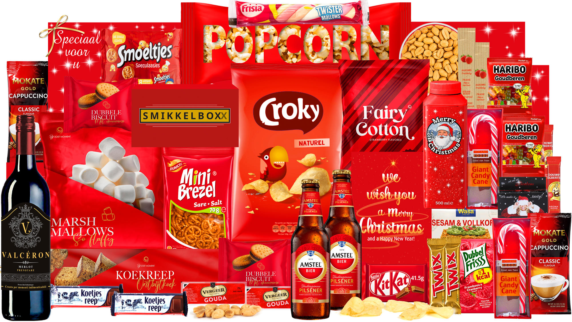 Kerstpakket met rode wijn en bier, marshmallows, in een luxe feestelijke kerstdoos.
