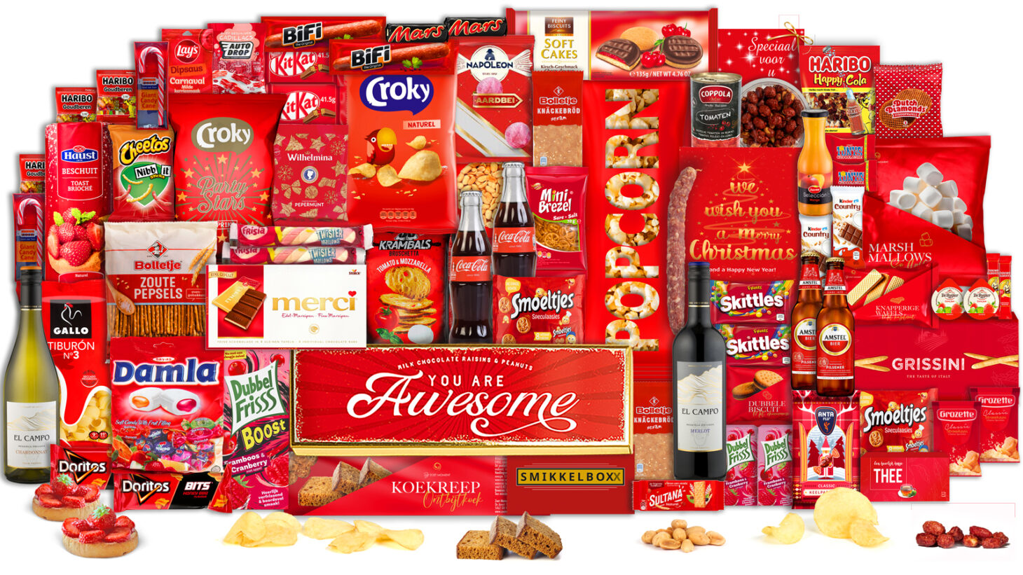 Luxe rood kerstpakket met snacks, wijn en frisdrank