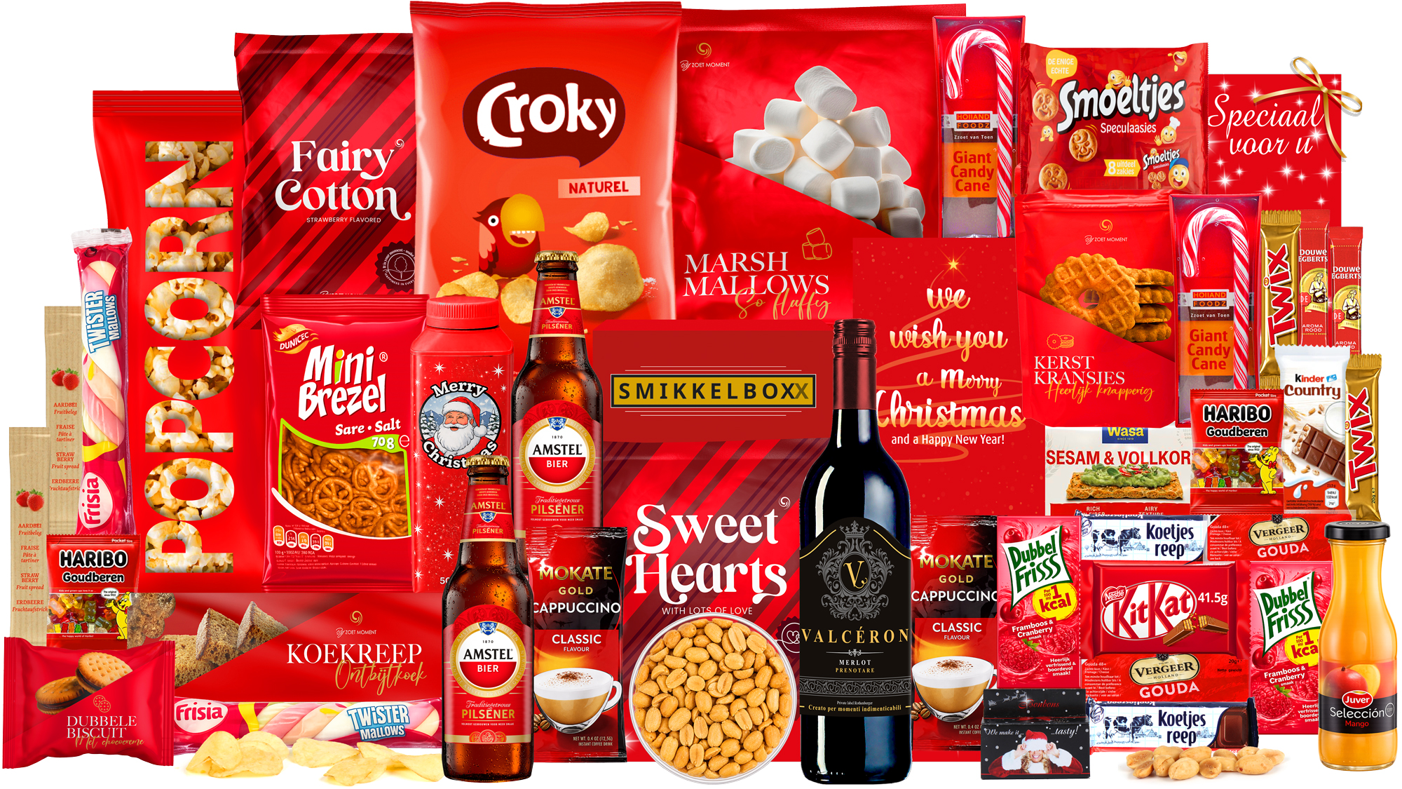 Kerstpakket met rode wijn en bier, chocolade, in een luxe feestelijke geschenkdoos.