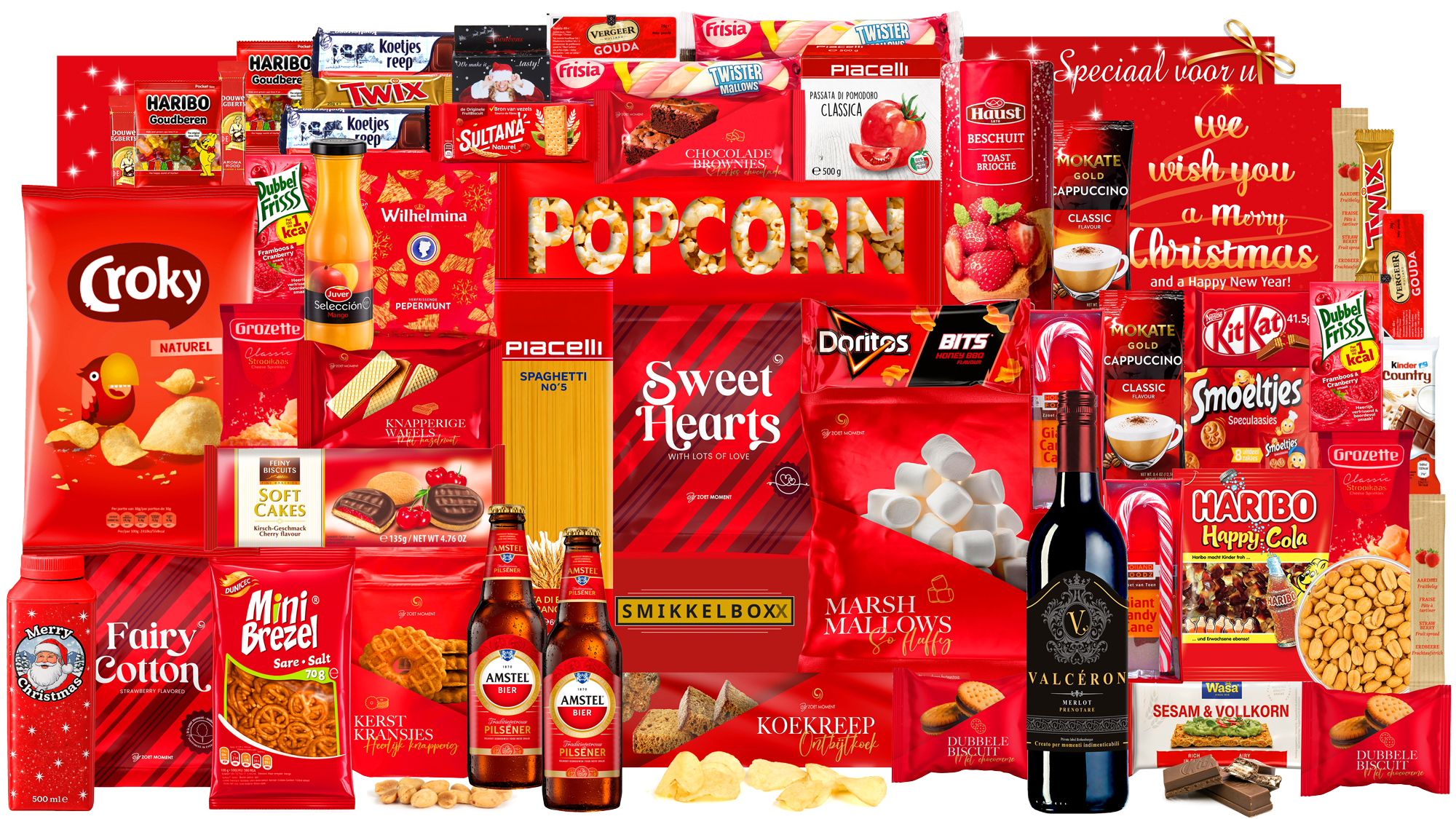 Een Kerstpakket met Merlot rode wijn en bier. Kerstattentie personeel. In een grote feestelijke kerstdoos.
