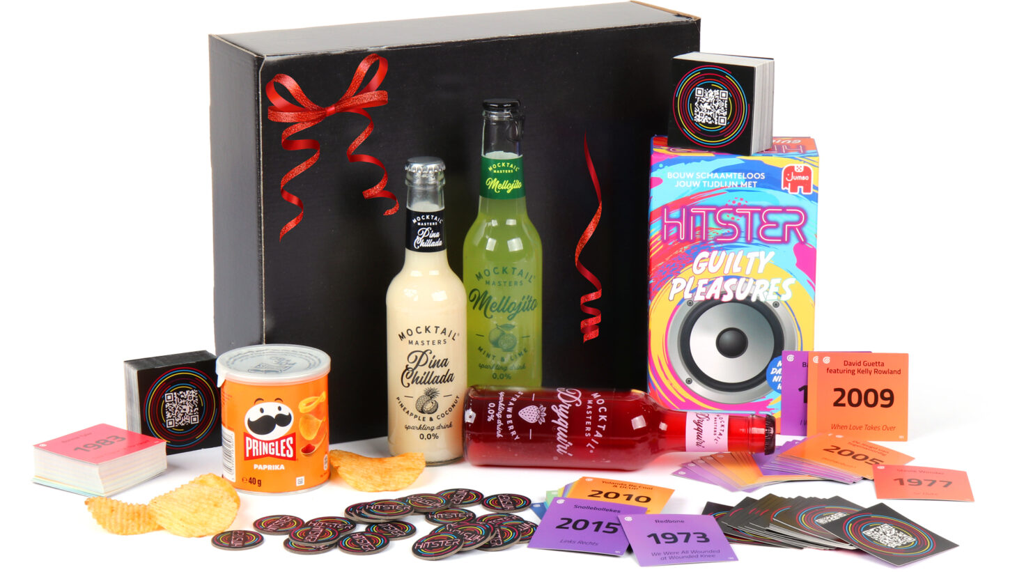 Hitster guilty pleasure kerstpakket met mocktails en snacks