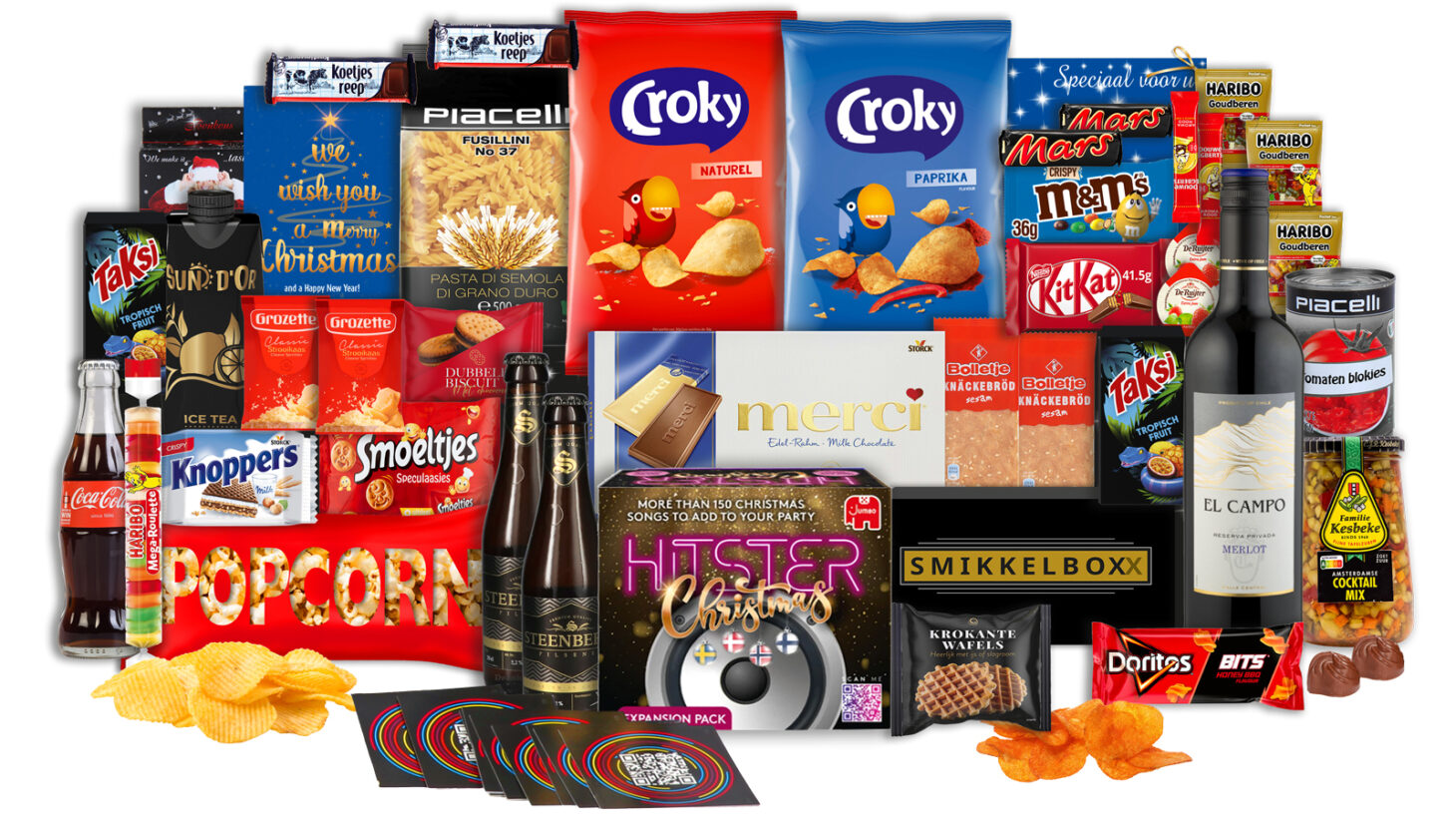 Feestelijk kerstpakket vol snacks, drank en zoetigheden