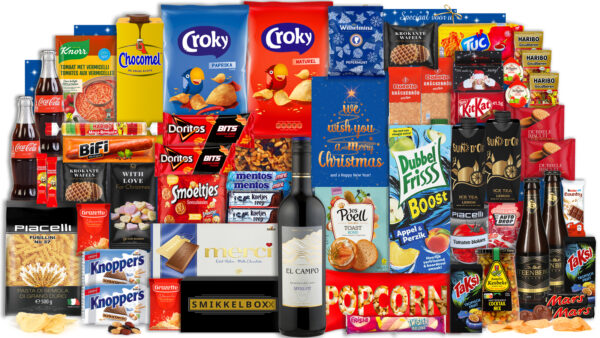 Luxe kerstpakket met wijn, snacks en zoete lekkernijen