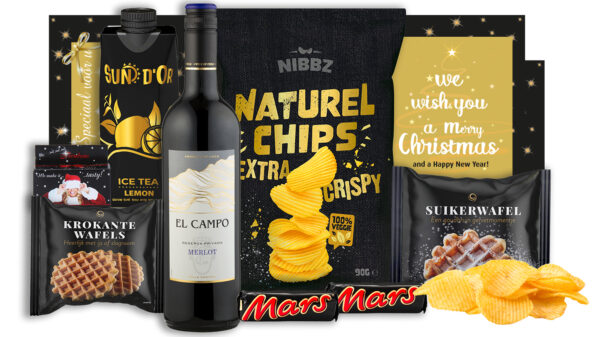 Feestelijk kerstpakket met Merlot wijn en zoete snacks