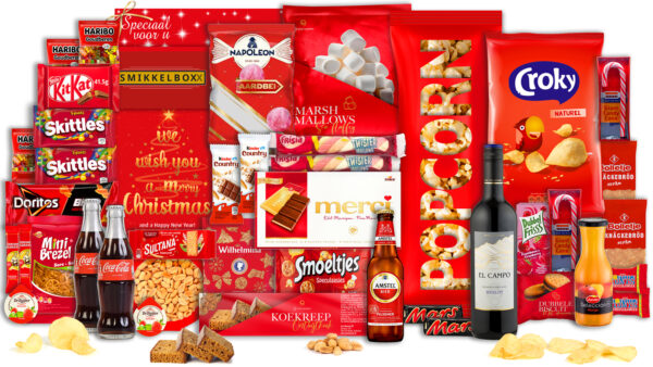 Luxe rood kerstpakket met snacks, wijn en bier