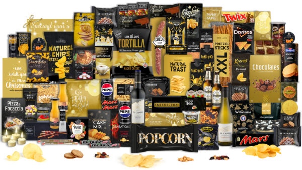 Luxe zwart goud kerstpakket met snacks en drank