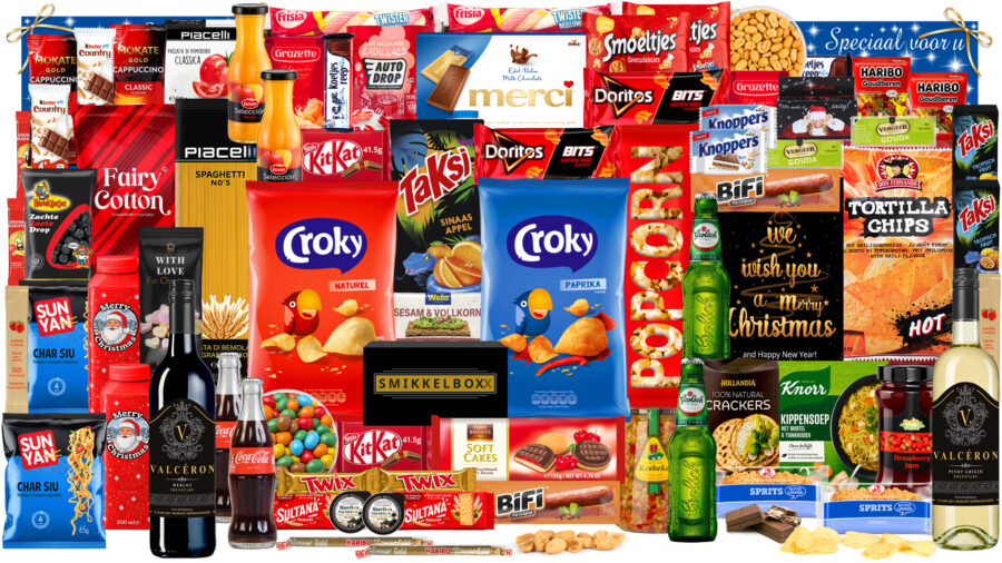 Kerstpakket Valcéron Merlot wijn en onze Valcéron Pinot Grigio, Mega kerstpakket. Grolsch biertjes, Coca Cola, Kesbeke, in een luxe feestelijke kerstdoos.
