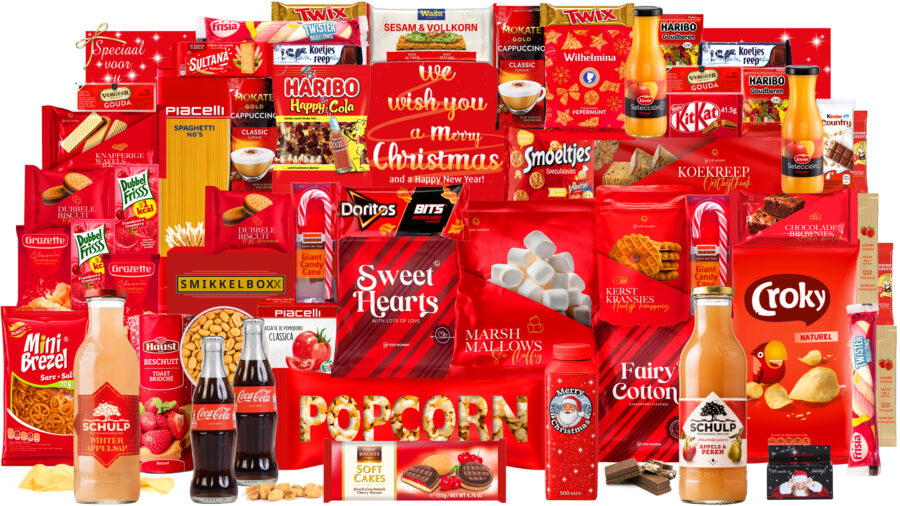 Een luxe Kerstpakket zonder alcohol. Mega kerstpakket met veel lekkernijen. In een grote feestelijke kerstdoos.