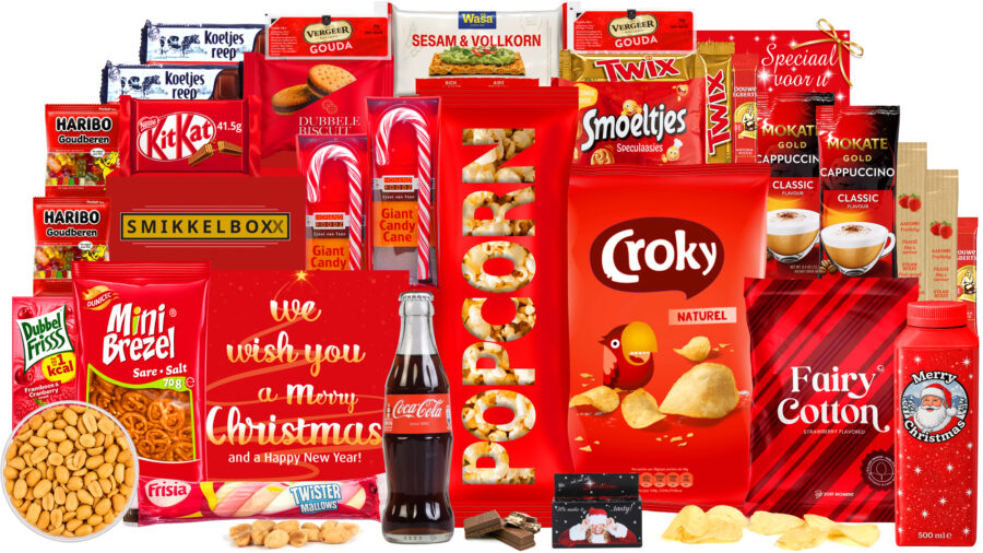 Kerstpakket zonder alcohol, lekkere veel voor weinig geld. Budget goedkoop kerstpakket, in een luxe feestelijke kerstdoos.