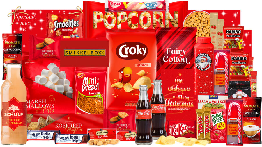 Kerstpakket zonder alcohol, marshmallows, Coca Cola, in een luxe feestelijke kerstdoos.