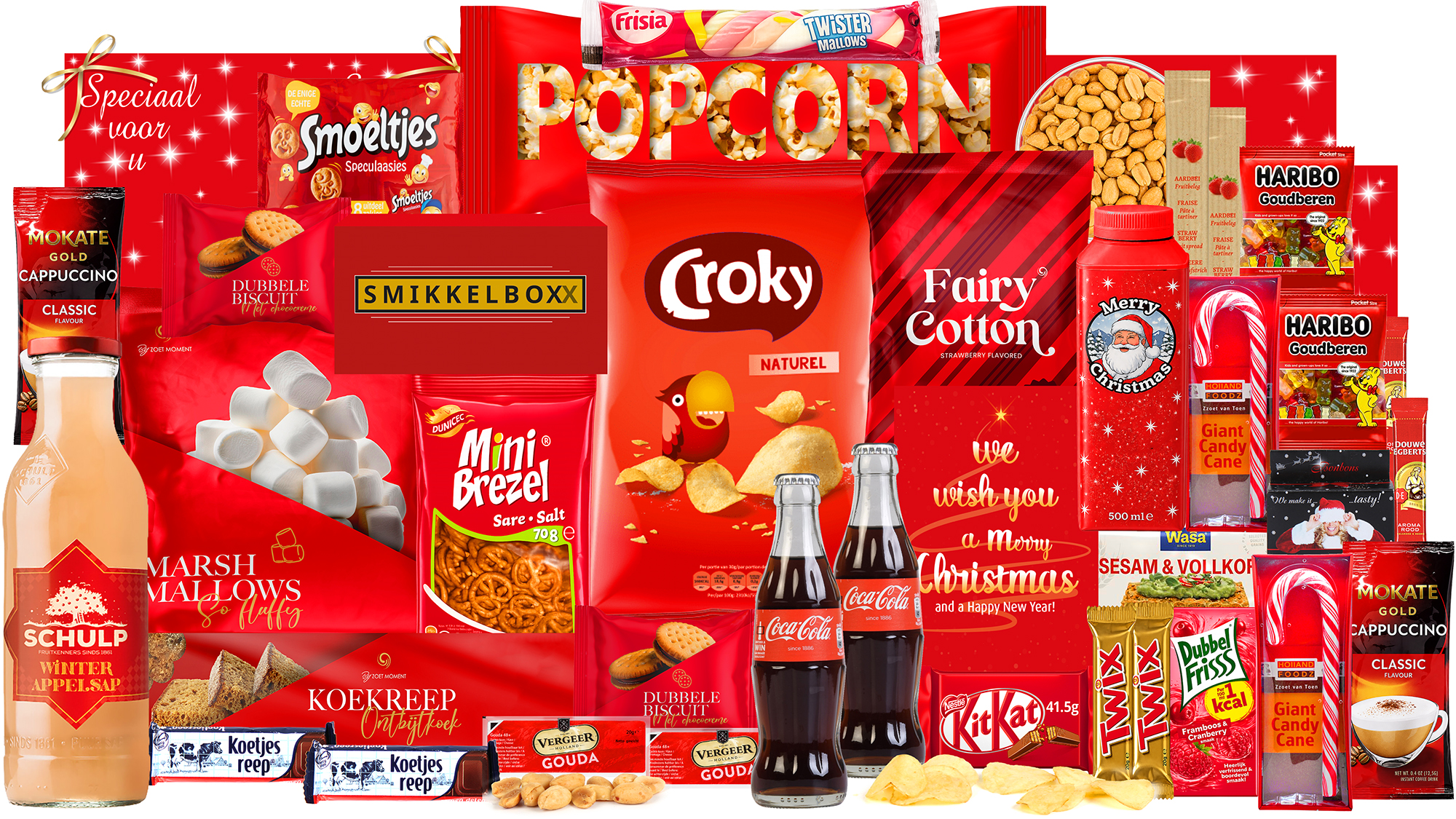 Kerstpakket zonder alcohol, marshmallows, Coca Cola, in een luxe feestelijke kerstdoos.