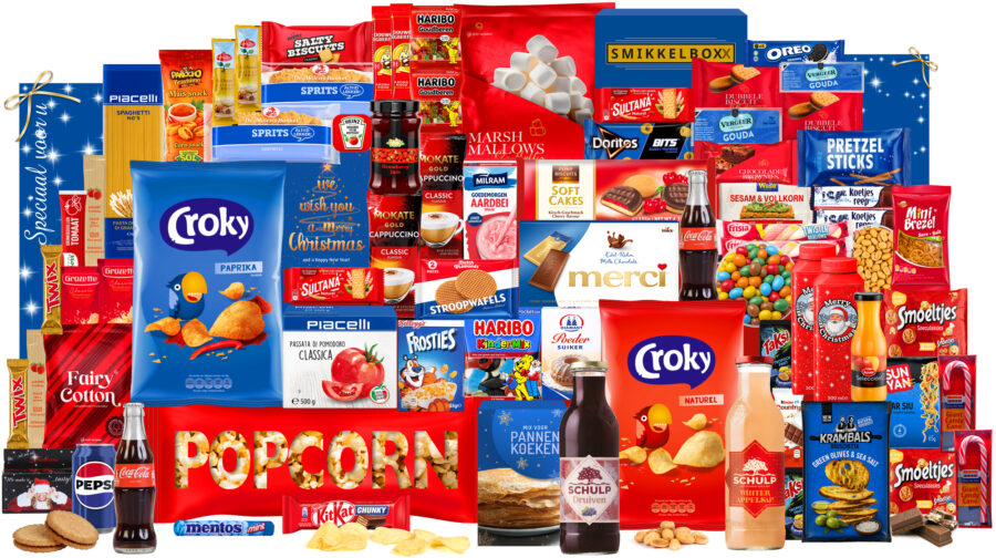 Kerstpakket zonder alcohol, groot kerstpakket, waardering, in een luxe feestelijke kerstdoos.