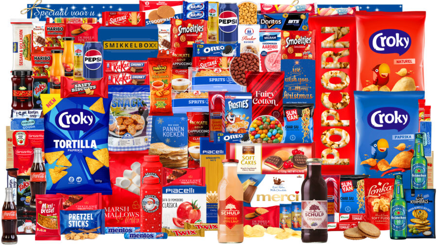 Kerstpakket zonder alcohol, 0.0% Bier, chips, Merci, Pepsi, waardering, in een luxe feestelijke kerstdoos.