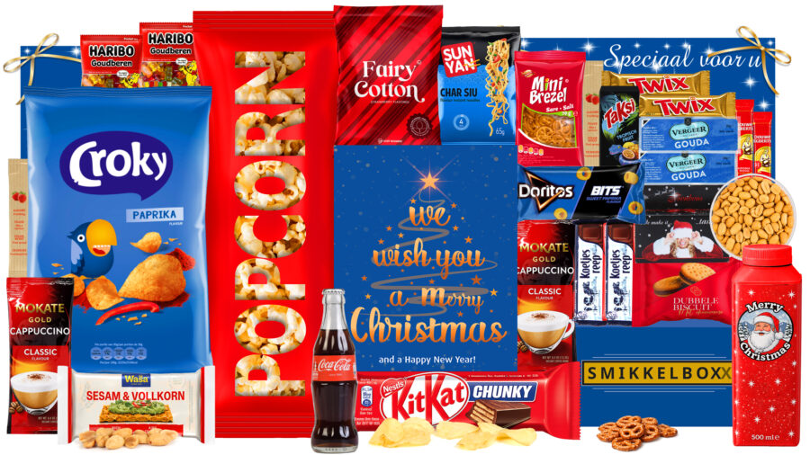 Kerstpakket zonder alcohol, lekkere veel voor weinig geld. Goedkoop kerstpakket, in een luxe feestelijke kerstdoos.