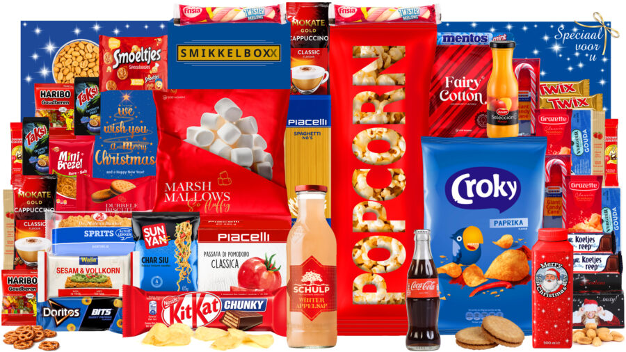 Kerstpakket zonder alcohol, lekkere Schulpsap. chocolade en borrelproducten, in een luxe feestelijke kerstdoos.