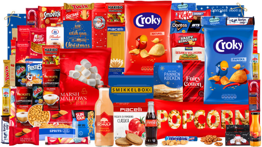 Kerstpakket zonder alcohol, goed gevulde kerstpakket met lekkere sapjes, frisdrank, hartig en zoet, in een luxe feestelijke kerstdoos.