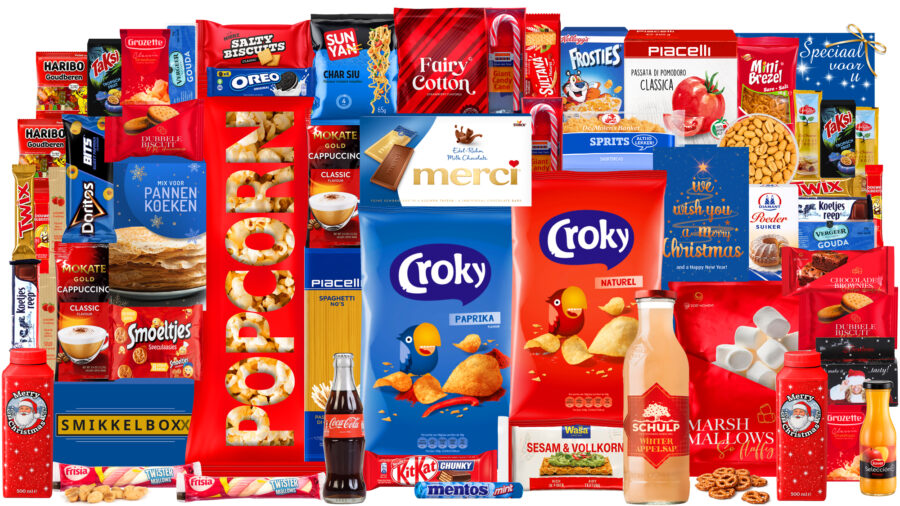 Kerstpakket zonder alcohol, lekkere Merci chocolade, chips, in een luxe feestelijke kerstdoos.