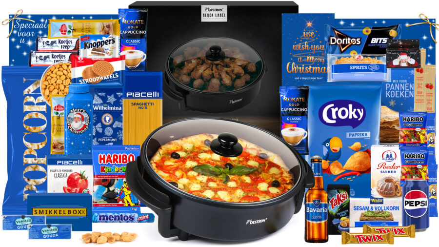 royaal blauwe kerstpakket Happen & Genieten vol heerlijke lekkernijen 25 Blauw 60 Hapjespan
