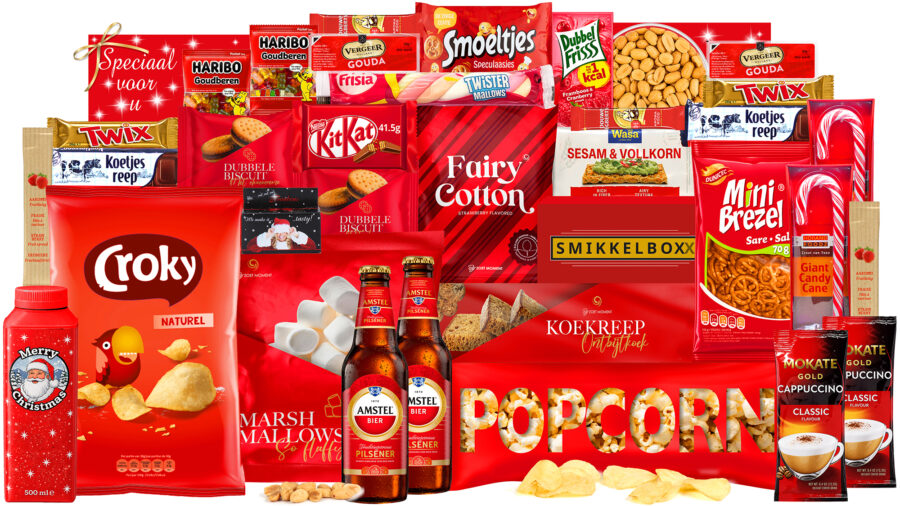 Kerstpakket met bier, tal van lekkernijen, in een luxe feestelijke kerstdoos.