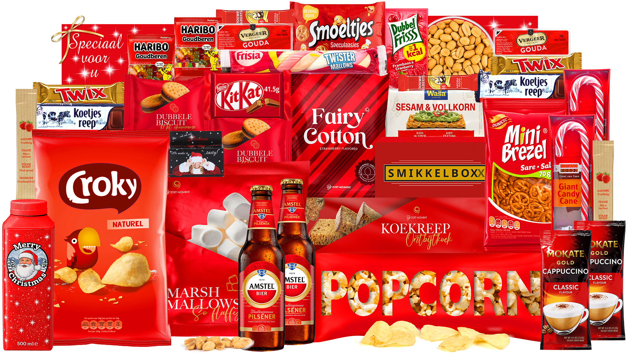 Kerstpakket met bier, tal van lekkernijen, in een luxe feestelijke kerstdoos.
